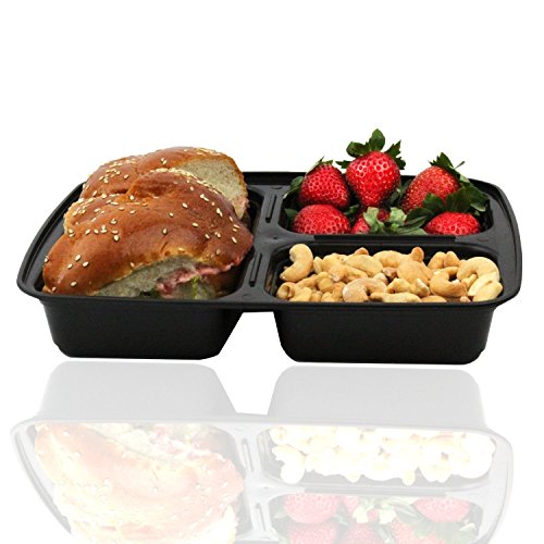 Reditainer 3-Compartment Microwave Safe Food Container With Lid/Divided Plate/Lunch Tray With Cover, Black, 10-Pack